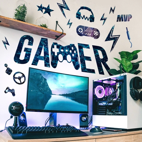 Sticker Mural Gamer PVC Autocollant Gamer MVP Manette De Jeu Casque Déco Pour Salle De Jeux Chambre Moderne