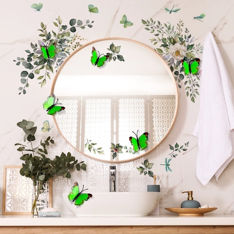 Leuchtende 3D Schmetterling Wandaufkleber PVC Florale Grüne Blätter Selbstklebend Deko Für Wohnzimmer Schlafzimmer