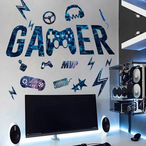 Sticker Mural Gamer PVC Autocollant Gamer MVP Manette De Jeu Casque Déco Pour Salle De Jeux Chambre Moderne