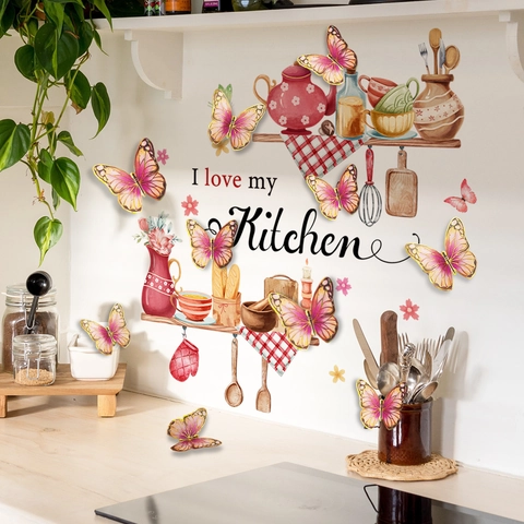 Aquarell Küche Wandaufkleber Mit 3D Rosa Schmetterling PVC Wasserdicht Haus Dekoration Kunst DIY Wandbild