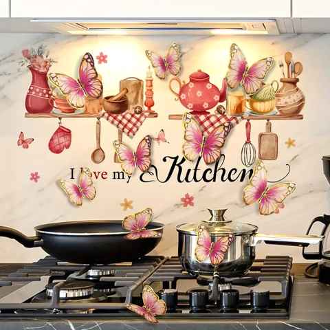 Aquarell Küche Wandaufkleber Mit 3D Rosa Schmetterling PVC Wasserdicht Haus Dekoration Kunst DIY Wandbild