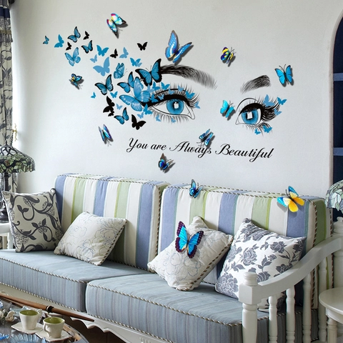 3D Butterfly Wall Stickers PVC Vinyl Eye Lashes Decals Inspirational Quote You Are Always Beautiful Home Decor