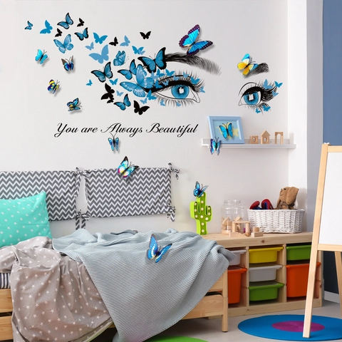 3D Butterfly Wall Stickers PVC Vinyl Eye Lashes Decals Inspirational Quote You Are Always Beautiful Home Decor