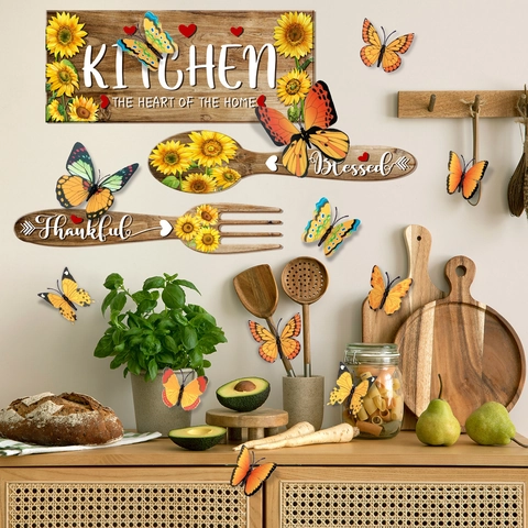 Sunflower Kitchen Wall Stickers PVC 3D Butterfly Decor Blessed Thankful Lettering Decals Rustic Farmhouse