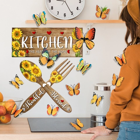 Sunflower Kitchen Wall Stickers PVC 3D Butterfly Decor Blessed Thankful Lettering Decals Rustic Farmhouse