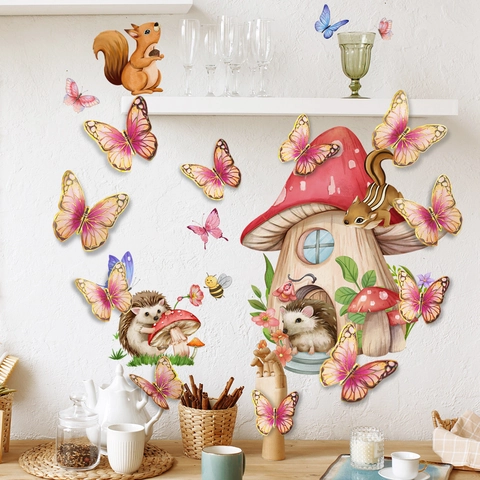 Adesivi Murali Animali Del Bosco PVC Casa Fungo Riccio Scoiattolo E Farfalle 3D Per Decorazione Cameretta Bambini