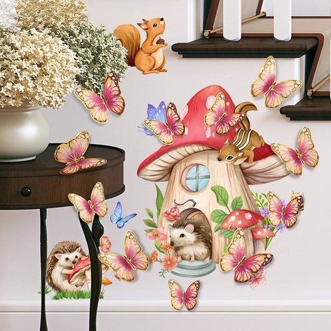 Adesivi Murali Animali Del Bosco PVC Casa Fungo Riccio Scoiattolo E Farfalle 3D Per Decorazione Cameretta Bambini