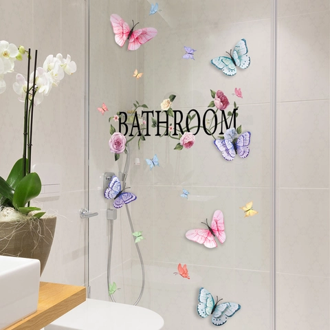 Adesivi Murali Bagno PVC Impermeabile Farfalla 3D Colorata Scritte Floreali Decalcomanie Rimovibili