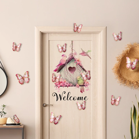 Welcome Vogelhaus Wandaufkleber Mit 3D Schmetterling Floral Dekor Abnehmbare PVC Aufkleber Für Zuhause Wohnzimmer Schlafzimmer