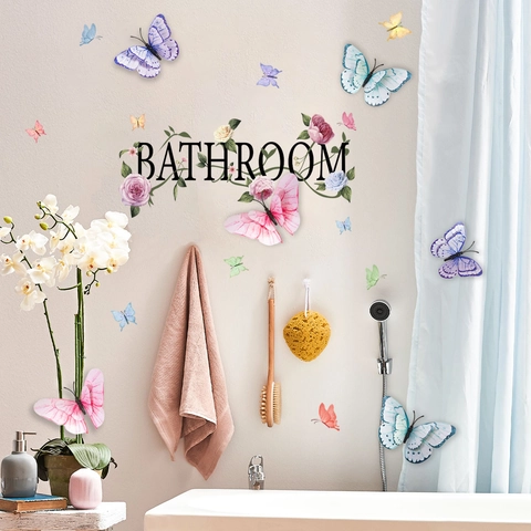 Adesivi Murali Bagno PVC Impermeabile Farfalla 3D Colorata Scritte Floreali Decalcomanie Rimovibili