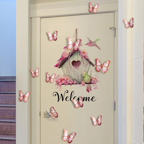 Welcome Vogelhaus Wandaufkleber Mit 3D Schmetterling Floral Dekor Abnehmbare PVC Aufkleber Für Zuhause Wohnzimmer Schlafzimmer
