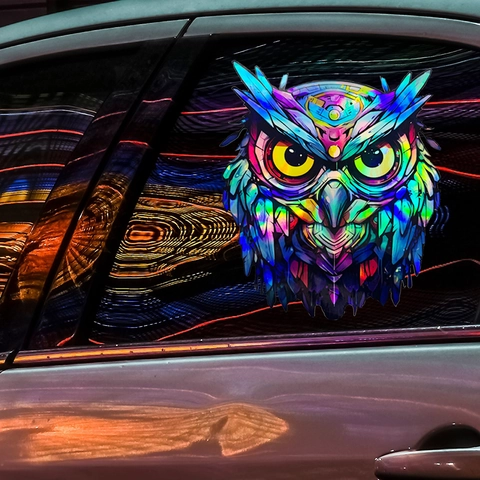 Holographic Laser Owl Wall Sticker Rainbow Gradient Cyberpunk Aesthetic Decal For Laptop Car Window Home Decor