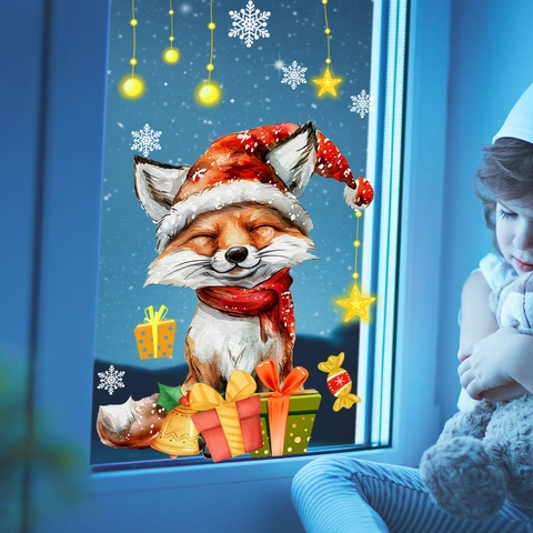 Pegatina Estática para Ventana de Zorro de Navidad PVC Copos de Nieve Estrellas Patrones Para Decoración de Cristal de Hogar