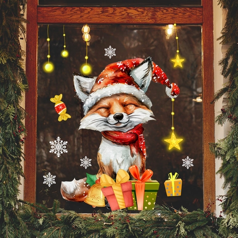 Pegatina Estática para Ventana de Zorro de Navidad PVC Copos de Nieve Estrellas Patrones Para Decoración de Cristal de Hogar