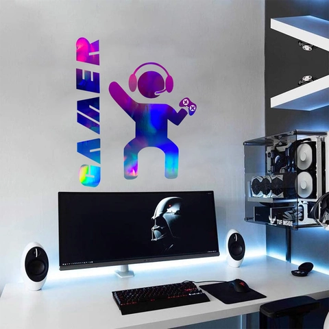 Pegatina De Pared Gamer Calcomanía De Mando Láser Holográfica Degradado Impermeable Decorativa Para Dormitorio Sala De Juegos