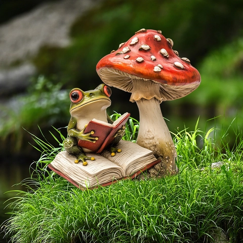 Creative Frog Reading Under Mushroom Garden Stake Yard Decor Flat Waterproof Plastic Outdoor Courtyard Ornament Novelty