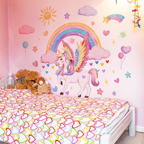 Aquarel Eenhoorn Regenboog Muurstickers Verwijderbare PVC Decals Voor Kinderkamer Slaapkamer Decoratie Kleurrijk Dromerig