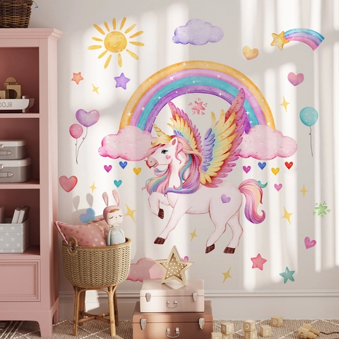 Aquarel Eenhoorn Regenboog Muurstickers Verwijderbare PVC Decals Voor Kinderkamer Slaapkamer Decoratie Kleurrijk Dromerig