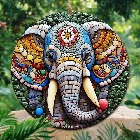 Ornamento Da Appendere Elefante Mosaico Colorato Decorazione Murale Rotonda In PVC Per Giardino Casa Stile Etnico