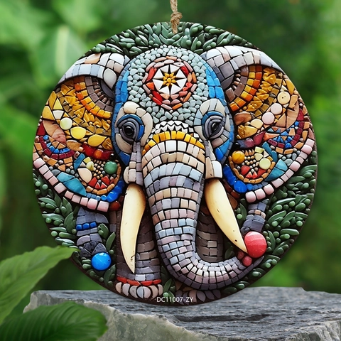 Ornamento Da Appendere Elefante Mosaico Colorato Decorazione Murale Rotonda In PVC Per Giardino Casa Stile Etnico