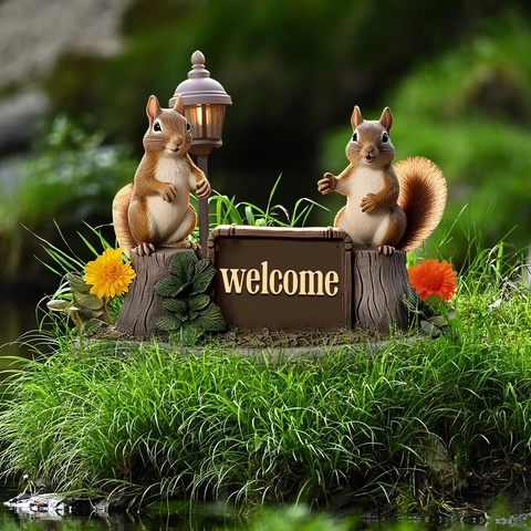 Squirrel Welcome Garden Stake PVC Plastic Decorative Sign For Outdoor Yard Lawn Potted Plants Pastoral Style Garden Ornament