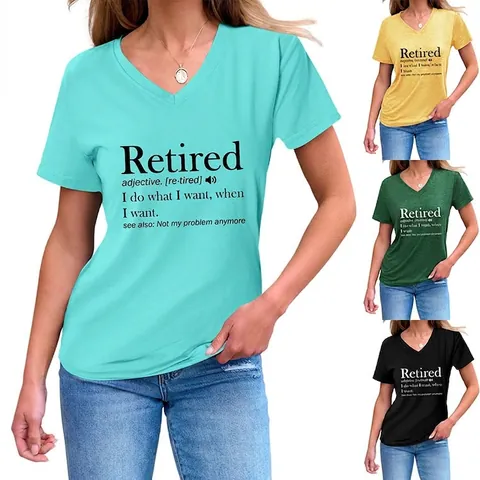 T-shirt Femme Décontracté Col en V Manches Courtes Impression Définition Dictionnaire Retraite Mélange de Coton Top