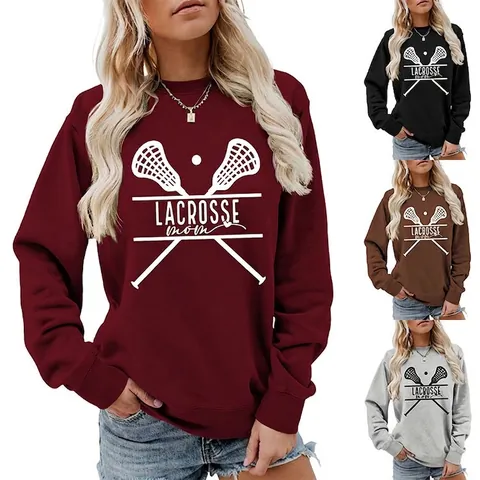 Damen Sweatshirt Rundhalsausschnitt Langarm Pullover Lacrosse Mom Print Sport Casual Baumwollmischung Locker Oberteil