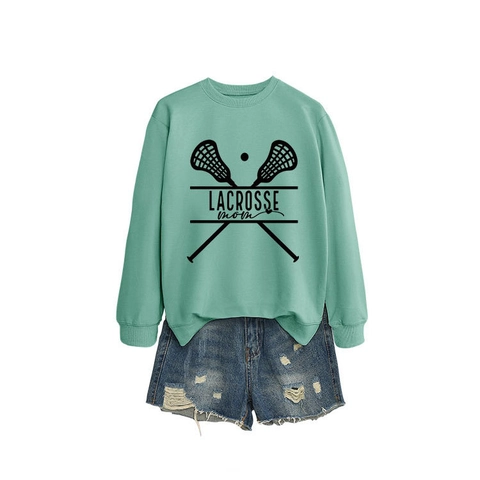 Damen Sweatshirt Rundhalsausschnitt Langarm Pullover Lacrosse Mom Print Sport Casual Baumwollmischung Locker Oberteil