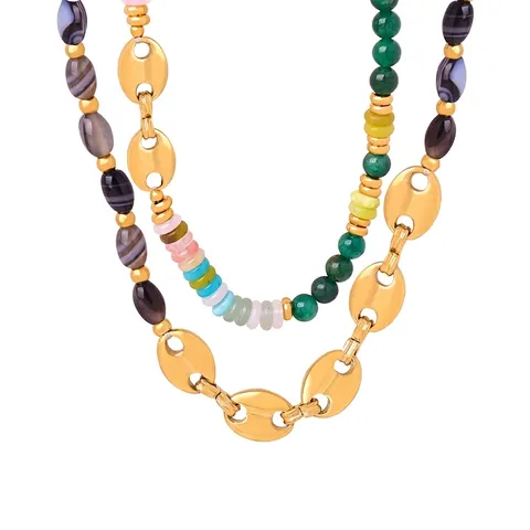 Collana in Acciaio al Titanio con Perle d'Agata Vintage Catena a Chicco di Caffè Naso di Maiale Gioielli Girocollo Donna
