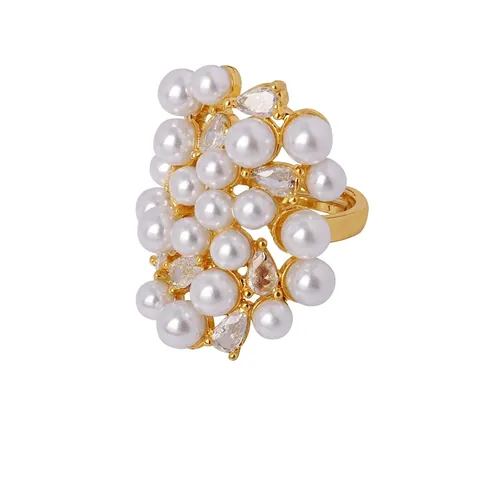 Elegant Cluster Artificial Pearl Adjustable Ring Copper With Zircon Irregular Design For Women Light Luxury Style