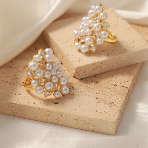Elegant Cluster Artificial Pearl Adjustable Ring Copper With Zircon Irregular Design For Women Light Luxury Style
