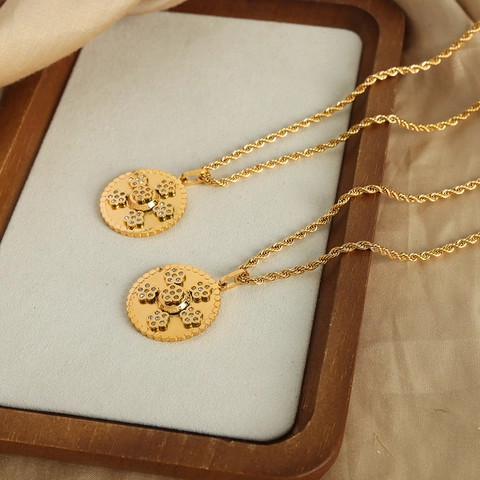 Collar Vintage de Lujo de Acero Inoxidable Chapado en Oro Cadena de Cuerda Colgante Redondo Floral Con Zirconia para Mujer