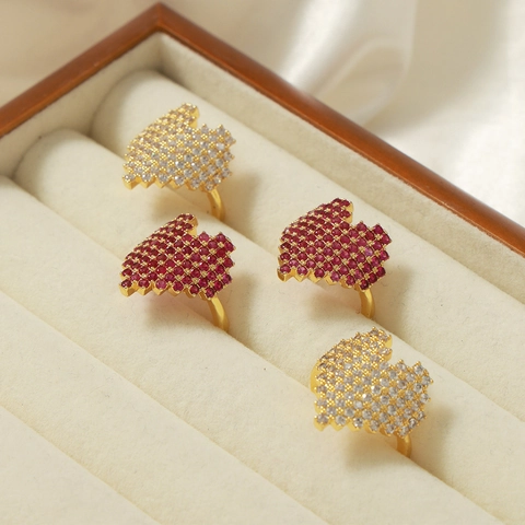 Pixel Herz Ring Vergoldetes Kupfer Bunter Zirkonia Verstellbar Offener Schmuck Für Frauen Mode Luxus