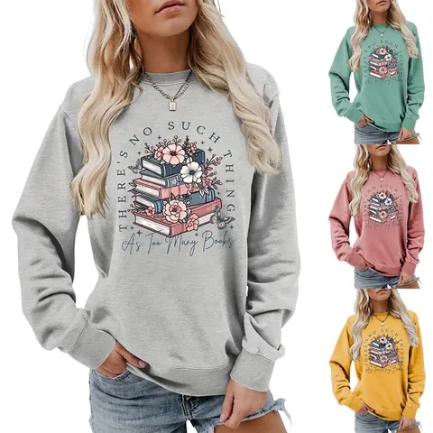 Sweatshirt Femme En Mélange De Coton À Col Rond Et Manches Longues Imprimé Livres Littéraires Fleurs Papillon Pull Casual