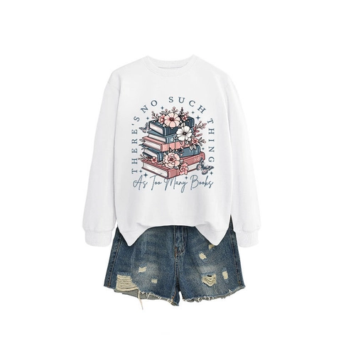 Sweatshirt Femme En Mélange De Coton À Col Rond Et Manches Longues Imprimé Livres Littéraires Fleurs Papillon Pull Casual
