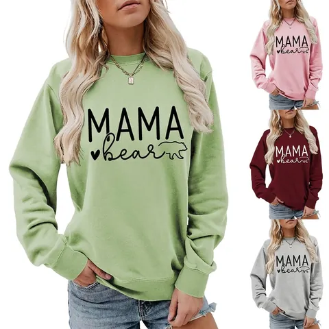 Mama Bear Damen Sweatshirt Baumwollmischung Langarm Rundhals Casual Pullover Lockerer Sitz