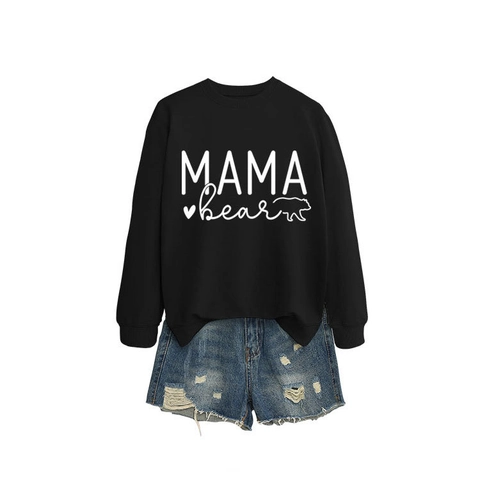 Mama Bear Damen Sweatshirt Baumwollmischung Langarm Rundhals Casual Pullover Lockerer Sitz