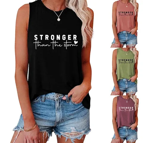 Débardeur en Mélange de Coton pour Femmes Sans Manches Col Rond Imprimé Lettres Stronger Than The Storm Graphique Cœur Gilet d'Été Décontracté Avec Ourlet Noué