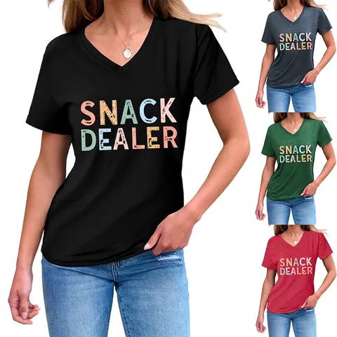Damen Casual V-Ausschnitt Kurzarm T-Shirt Snack Dealer Bunter Grafik Buchstaben Druck Locker Baumwollmischung Sommer Trendig Top