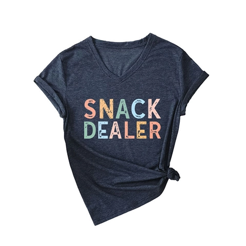 Damen Casual V-Ausschnitt Kurzarm T-Shirt Snack Dealer Bunter Grafik Buchstaben Druck Locker Baumwollmischung Sommer Trendig Top