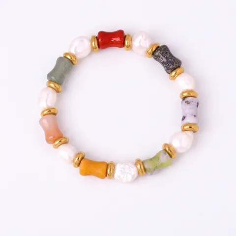 Natural Freshwater Pearl Natural Stone Beaded Bracelet With Titanium Steel Spacers Bohemian Elastic Jewelry For Women