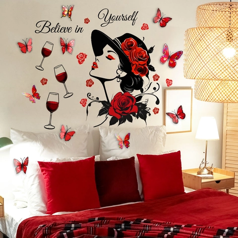 Motivational Lettering Wall Stickers Red Butterfly Rose Flower Decor PVC Self-Adhesive Removable Decal For Girls Bedroom Home Art Mural
