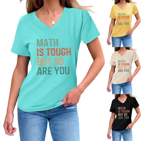Women V Neck Short Sleeve T-Shirt Math Is Tough Slogan Print Cotton Blend Casual Summer Loose Pullover Top
