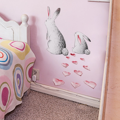Cartoon Bunny Rabbit Heart Wall Stickers Waterproof PVC Self Adhesive Removable Hand Drawn Style Decals For Kids Nursery