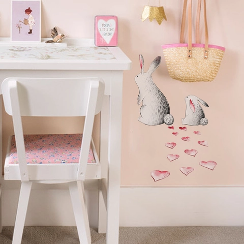 Cartoon Bunny Rabbit Heart Wall Stickers Waterproof PVC Self Adhesive Removable Hand Drawn Style Decals For Kids Nursery