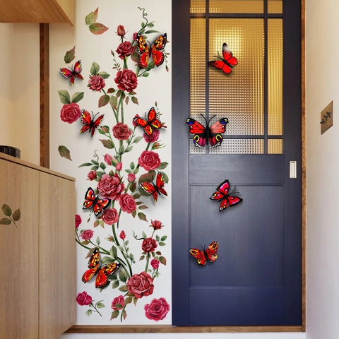 3D Red Butterfly And Rose Flower Vine Wall Sticker Self Adhesive PVC Floral Wall Decal For Home Living Room Bedroom Decor