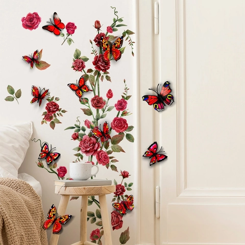 3D Red Butterfly And Rose Flower Vine Wall Sticker Self Adhesive PVC Floral Wall Decal For Home Living Room Bedroom Decor