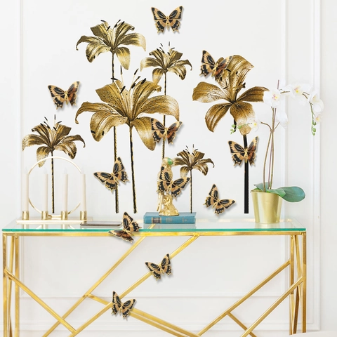 Golden Wall Stickers Metallic PVC Flower Decals With Three-Dimensional Butterflies For Living Room Bedroom Modern Home Decor
