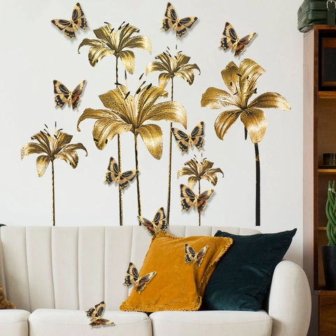 Golden Wall Stickers Metallic PVC Flower Decals With Three-Dimensional Butterflies For Living Room Bedroom Modern Home Decor