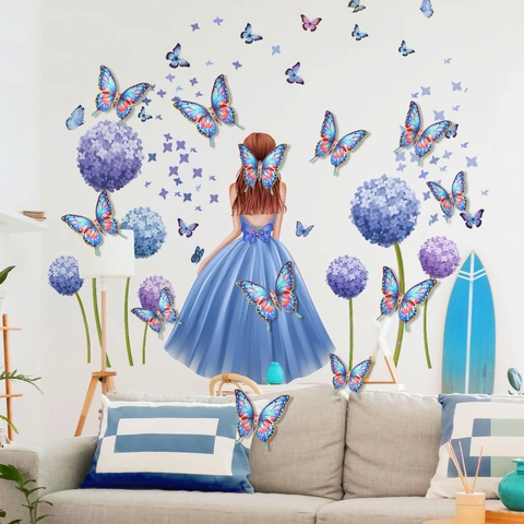 Wandtattoo PVC Wasserdicht Abnehmbar Deko Wandbild Für Wohnzimmer Schlafzimmer Romantisches Mädchen Porträt Mit 3D Schmetterlingen